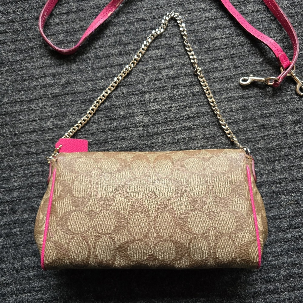Coach Mini Ruby Chain Shoulder Pink Trim Brown Signature Leather Canvas Turnlock - Picture 6 of 12